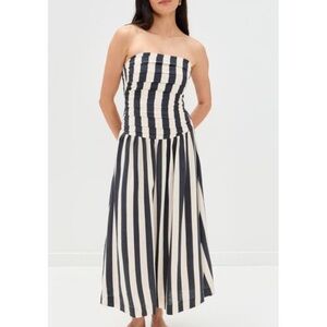 Striped Strapless Midi Dress in Black & Cream